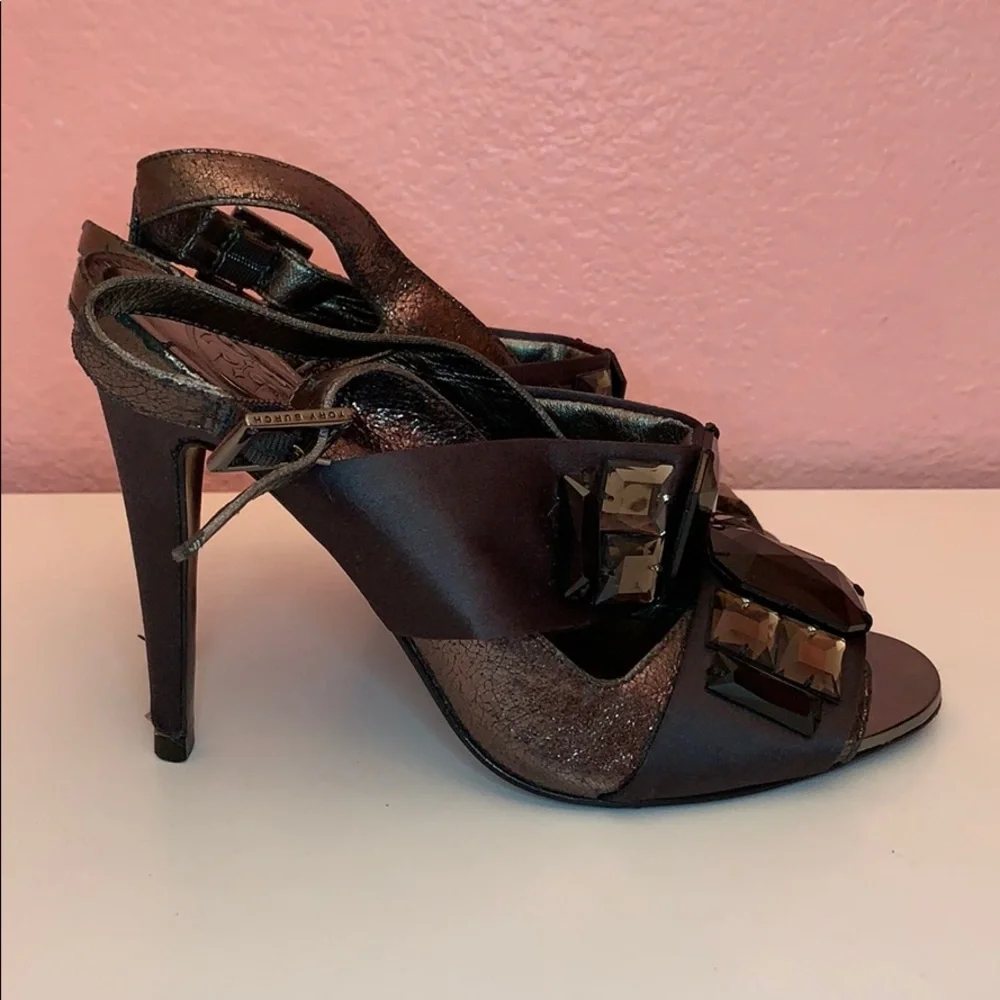 Tory Burch Bronze and Black Jeweled Slingback Heels